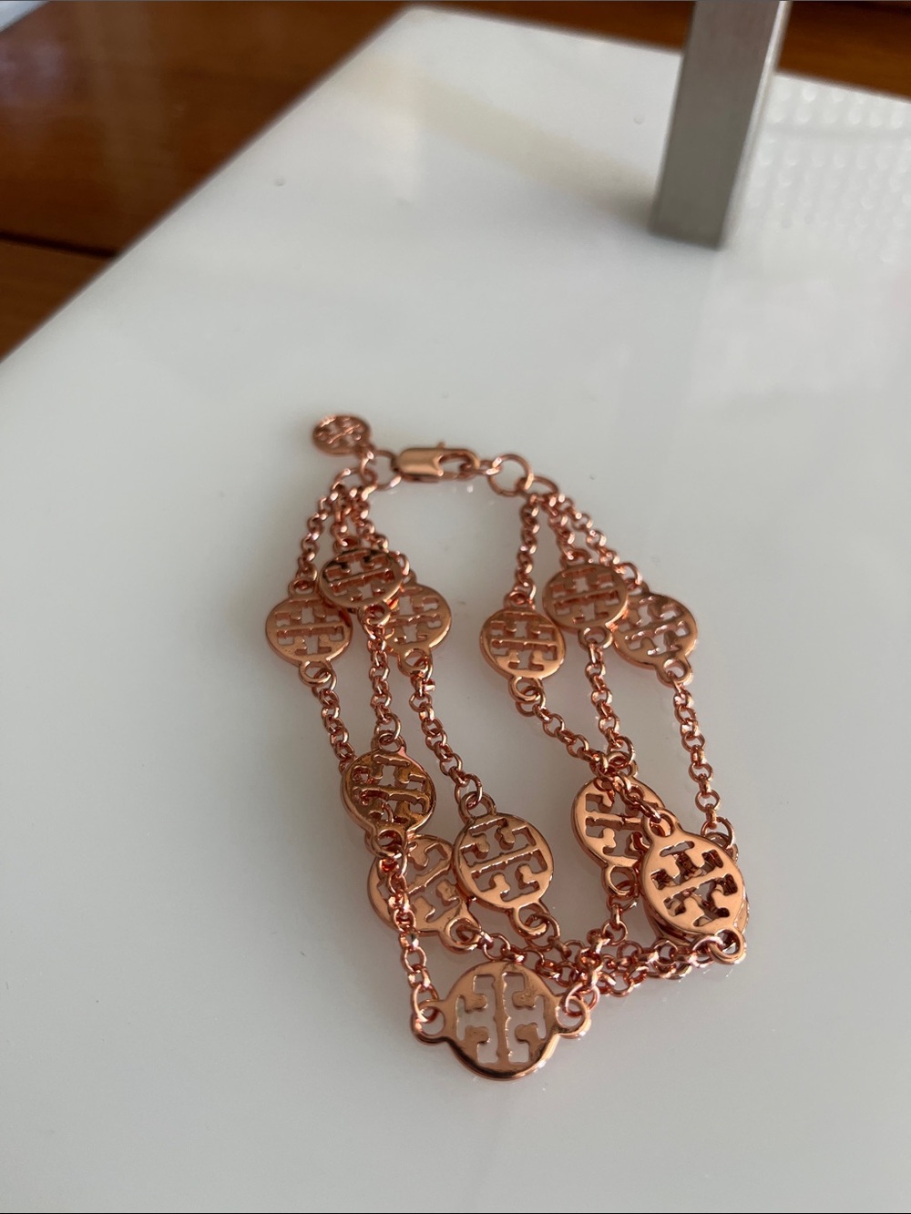 Tory Burch Rose Gold Triple-Chain Logo Medallion Bracelet
